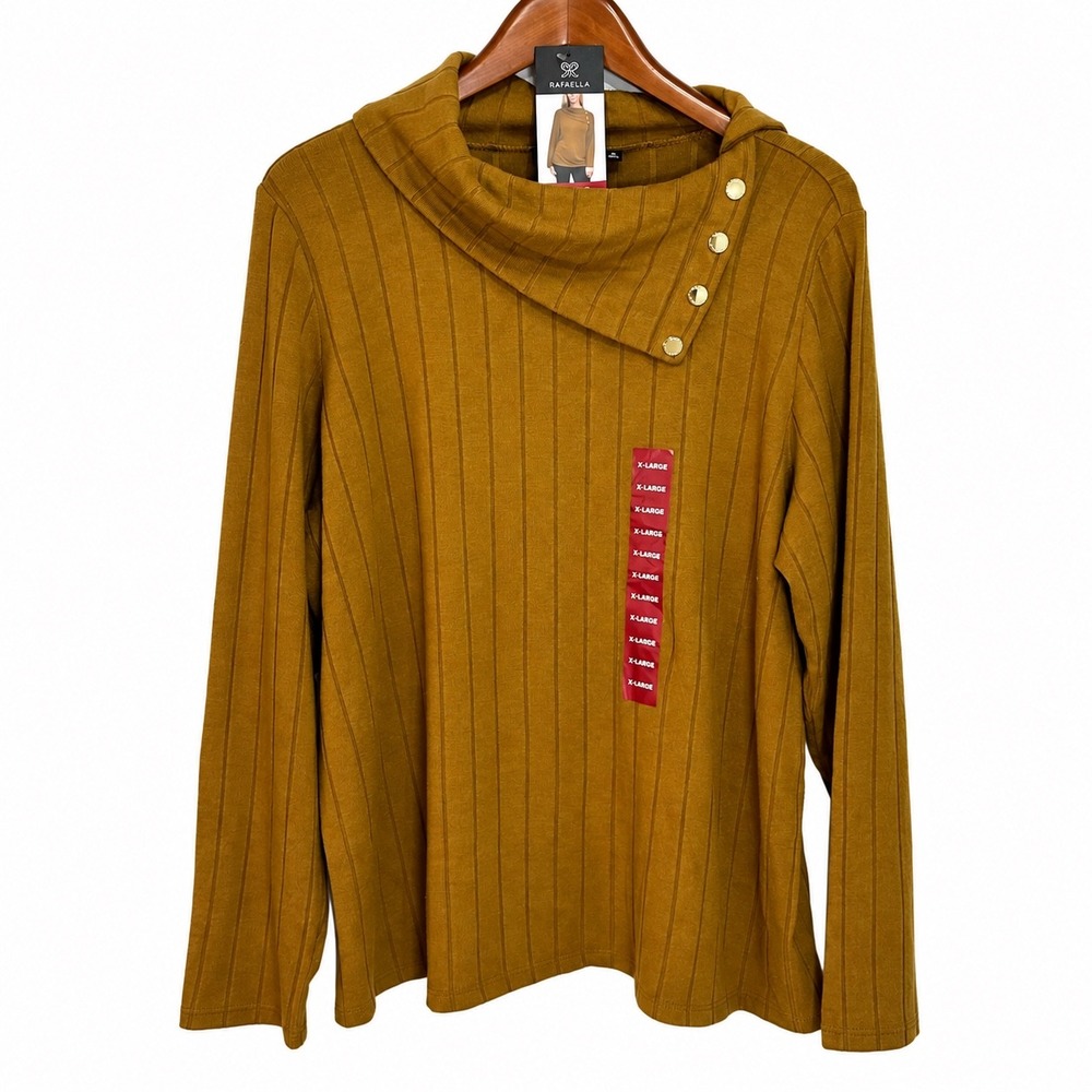 Rafaella Women XL Mustard Yellow Ribbed Asymmetrical Button Cowl Neck Top NEW